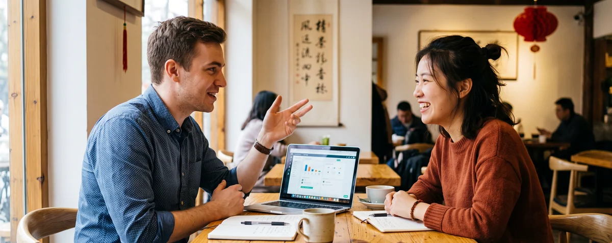 A Western learner and a Chinese teacher practicing Mandarin conversation together