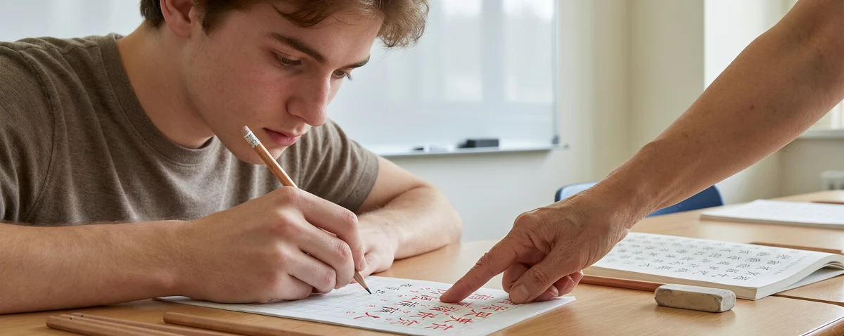 A student practicing Chinese character writing on grid paper while a teacher points to specific characters for guidance, with a textbook open on the desk.