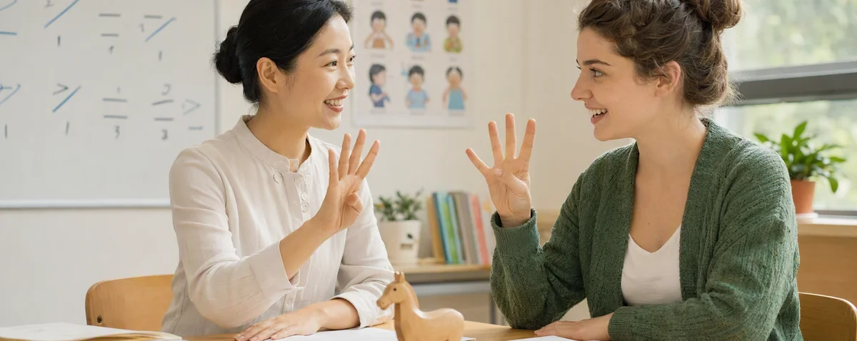 a Chinese teacher and a student practicing tones together with a toy horse on the table