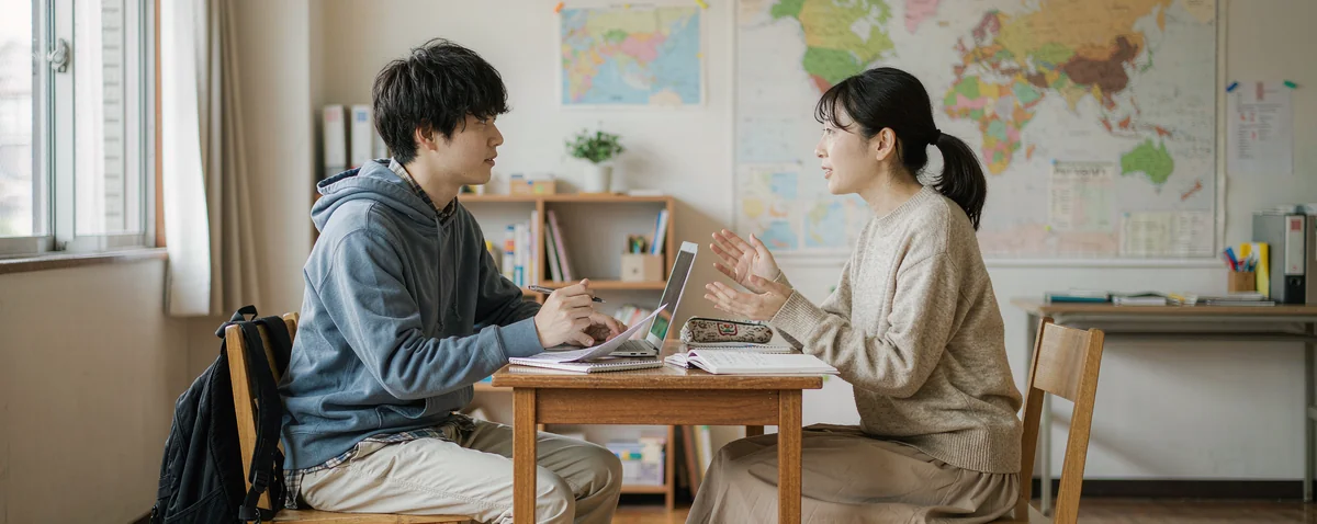 Conceptual illustration of a teacher and student discussing Mandarin and Cantonese