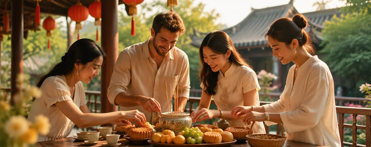 a family offering mooncakes, fruit and incense to the full moon in a traditional courtyard
