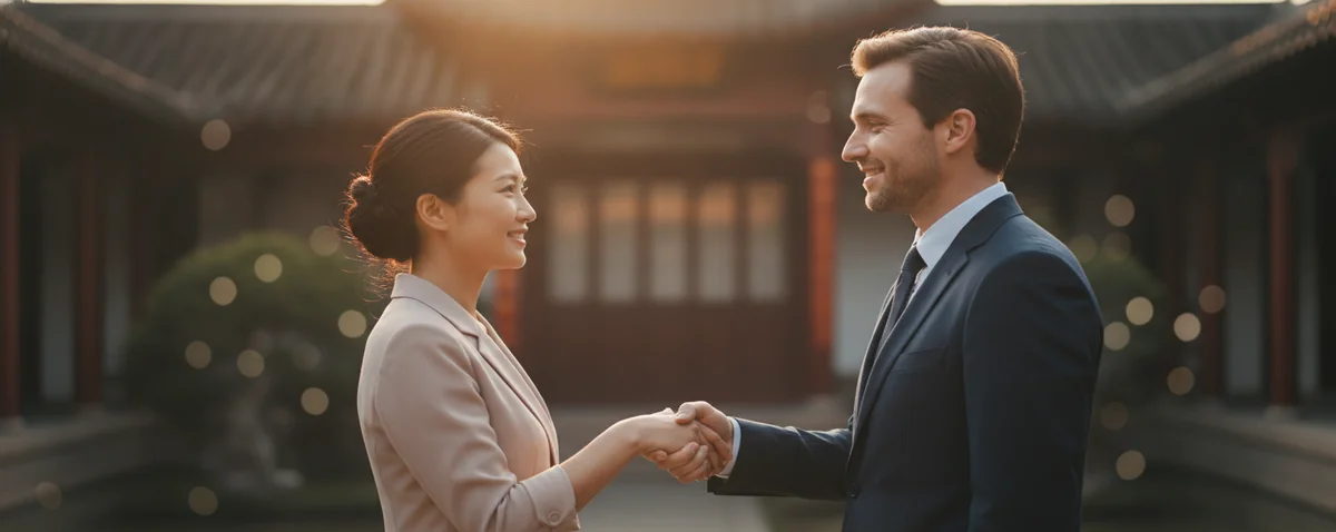 conceptual illustration of two professionals exchanging a light handshake in a modern Chinese business setting