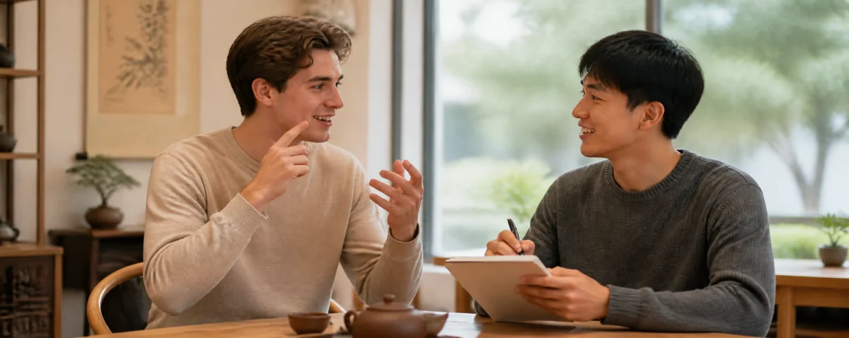 foreigner and Chinese friend chatting and laughing naturally