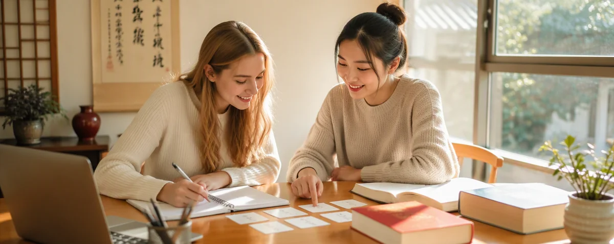 a student studying Chinese with textbooks and notes preparing for the HSK exam