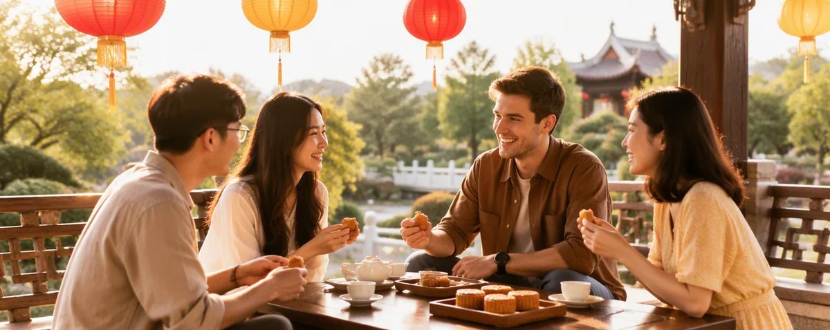 friends sharing mooncakes and tea under lanterns during the Mid-Autumn Festival