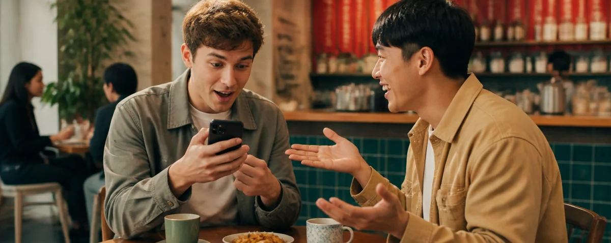 two friends reacting with surprise and laughter at a phone screen