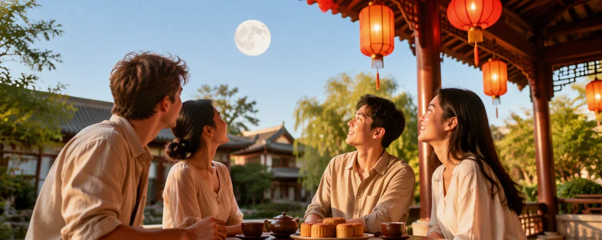 four friends admiring the full moon with mooncakes and tea in a traditional courtyard