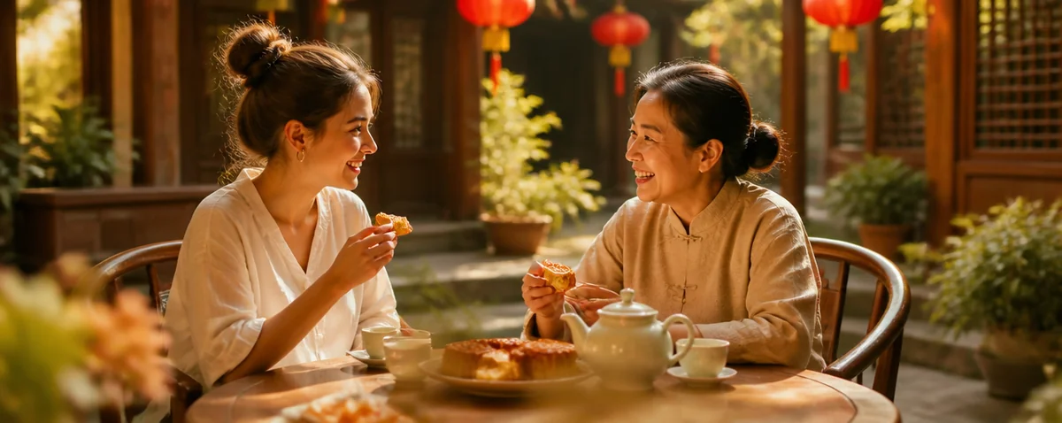 two women sharing mooncakes and tea at a round table in a traditional courtyard